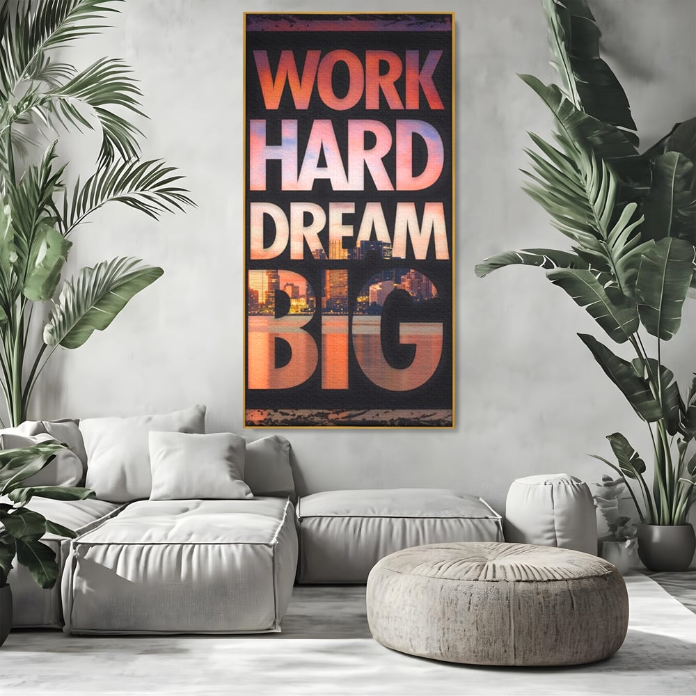Tablou canvas cu tablou motivational cu peisaj urban nocturn, in rama de aluminiu auriu, pe perete intr-un living